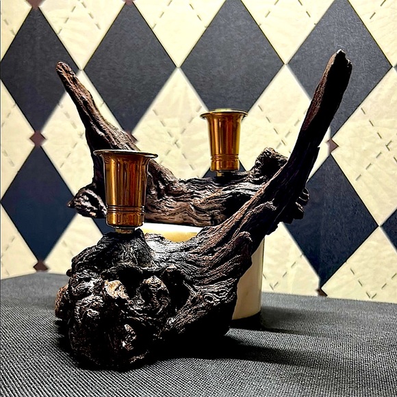 Vintage Driftwood Candle Holders – Rustic Wood with Shiny Bronze Accents - Picture 3 of 12
